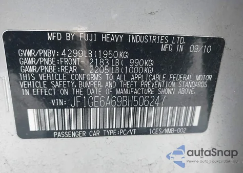 2011 Subaru Impreza 2.5I z USA, uszkodzony, nr VIN JF1GE6A69BH506247